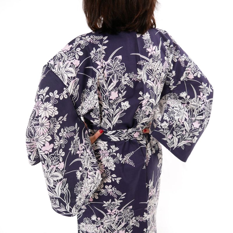 Kimono yukata traditionnel japonais bleu en coton motif fleurs de lys pour femme, YUKATA YURI