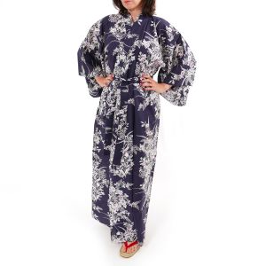 Kimono yukata tradicional japonés de algodón azul con estampado de flores de lirio para mujer, YUKATA YURI