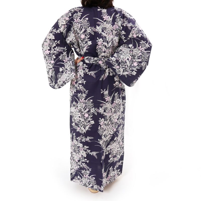 Kimono yukata tradicional japonés de algodón azul con estampado de flores de lirio para mujer, YUKATA YURI