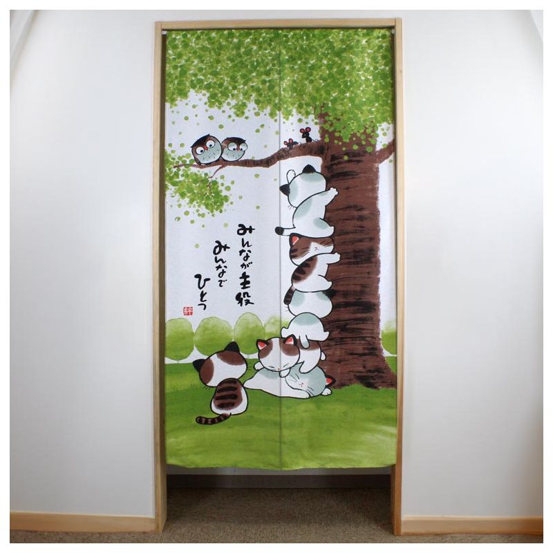 long rideau noren japonais, polyester, arbre et chats, 85 x 170 cm MINNA GA SHUYAKU