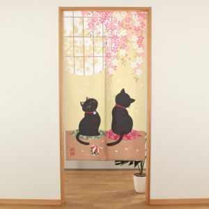 rideau noren japonais, polyester, 85 x 150 cm, 2 chats noirs, KURO NEKO