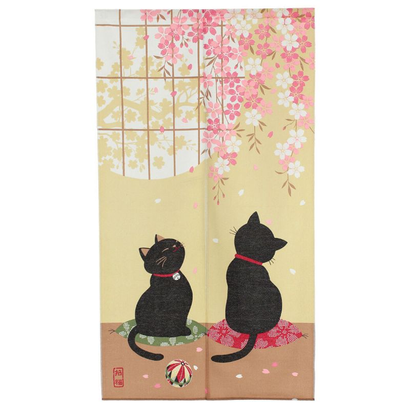 Cortina japonesa Noren, poliéster, 85 x 150 cm, 2 gatos negros, KURO NEKO