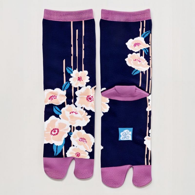 Japanische Tabi-Socken, TSUBAKI, gestreifte Kamelie, 23-25 ​​cm