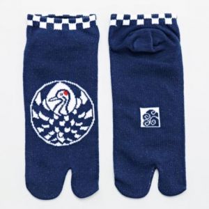 Chaussettes japonaises tabi, grue japonaise, Tsuru, bleu, 23-25 cm