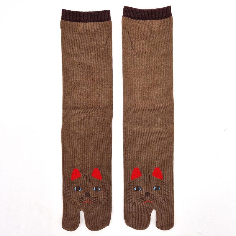 Calcetines tabi japoneses, NEKO, gato, marrón, 25-28cm