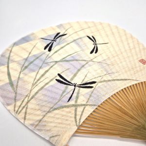 Japanese non-folding uchiwa fan in paper and bamboo with black Dragonfly pattern, TONBO NOWARU, 38x24.5 cm