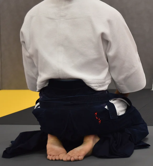 Un homme porte un Kimono avec de larges bandes bleu et de petite bande blanche sur lesquelles sont inscrit des Kanji.